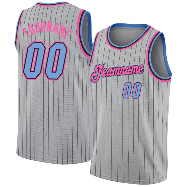 Custom Silver Gray Black Pinstripe Light Blue-Pink Authentic Basketball Jersey