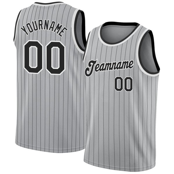 Custom Silver Gray Black Pinstripe Black-White Authentic Basketball Jersey